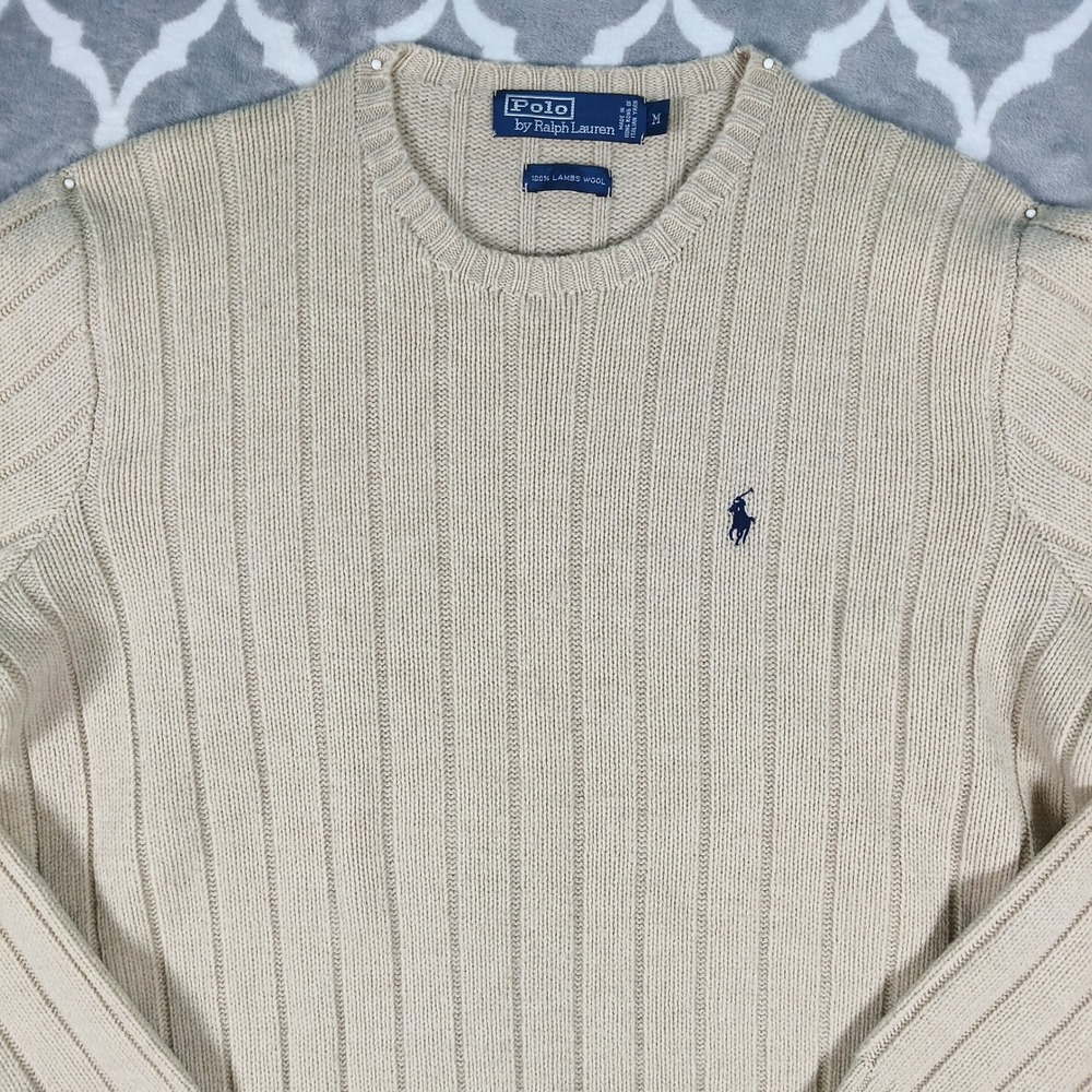 Polo Ralph Lauren Sweater Men Medium Tan Ribbed Knit Lambswool Crewneck Heritage